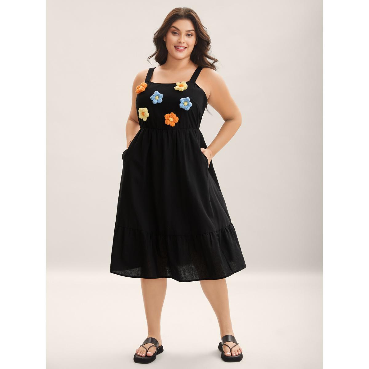 Plus Size Cotton Crochet Floral Stretchy Waist Midi Dress Black Women Non Sleeveless Curvy BloomChic 18-20/2X Product Image