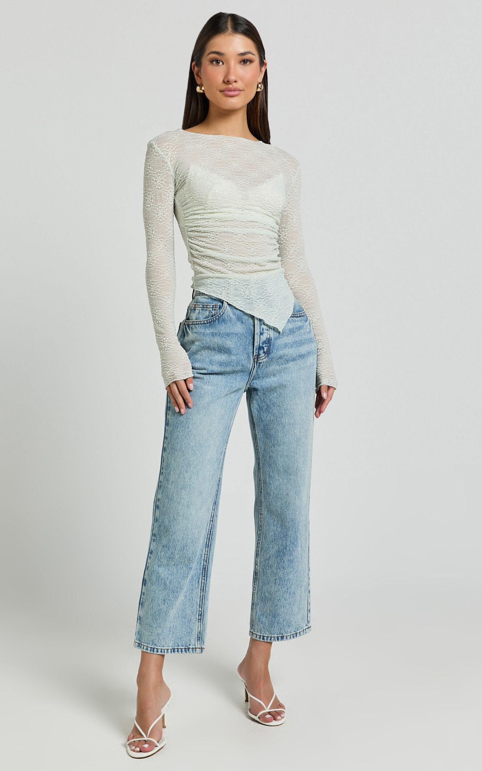 Ellie Top - Asymmetrical Sheer Lace Top in Silver Sage Product Image