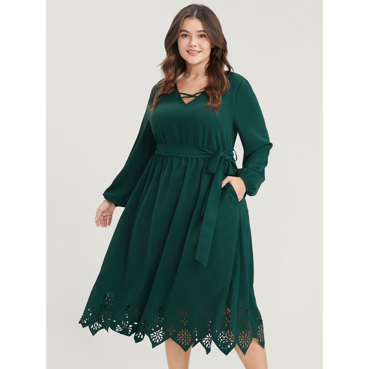 Plus Size Solid Pocket Crisscross V Neck Laser Cut Belted Dress DarkGreen Women Elegant Belted V-neck Long Sleeve Curvy Midi Dress BloomChic 10/M Product Image