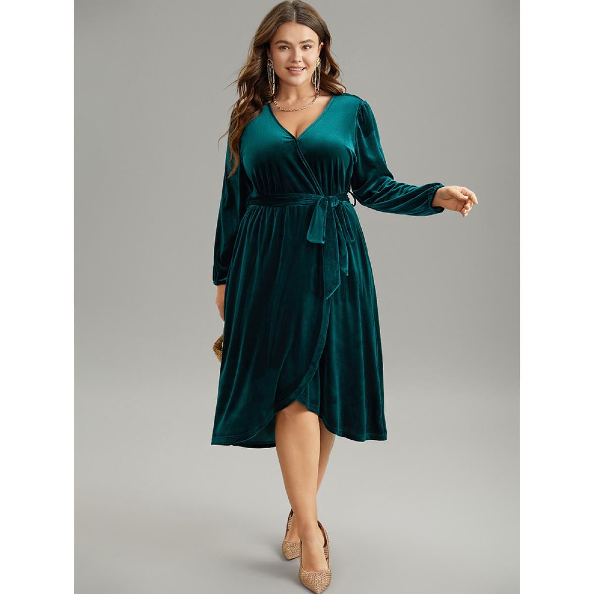 Plus Size Solid Velvet Belted Wrap Arc Hem Dress Cyan Women Elegant Elastic cuffs Overlap Collar Long Sleeve Curvy Midi Dress BloomChic 22-24/3X Product Image