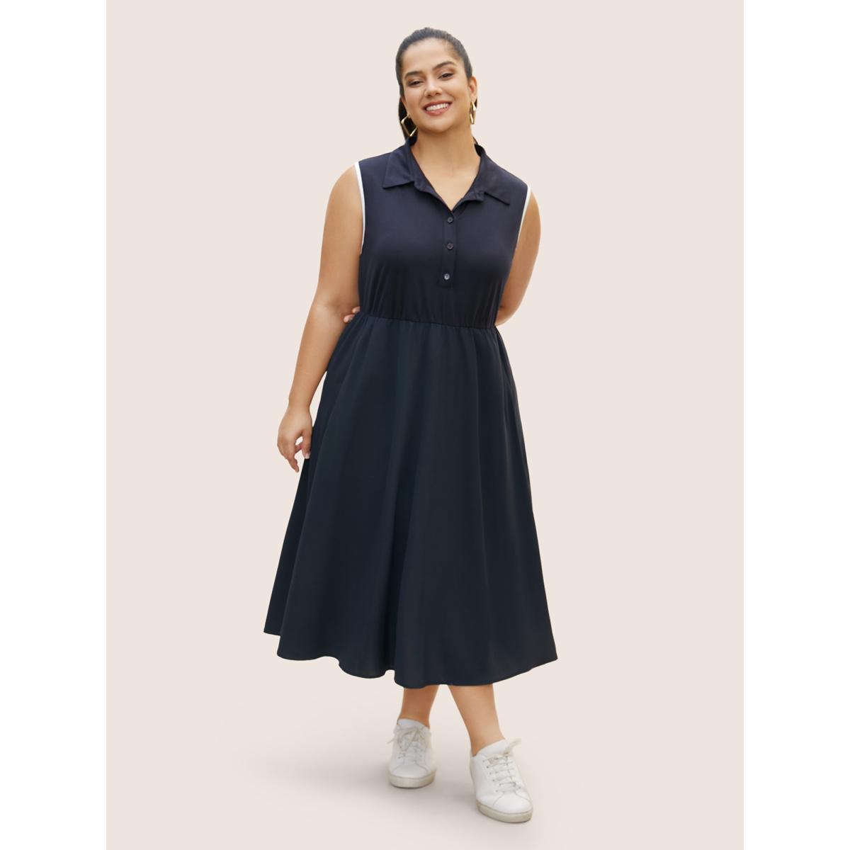 Plus Size Shirt Collar Contrast Trim Button Up Dress Navy Women Casual Contrast Shirt collar Sleeveless Curvy BloomChic 18-20/2X Product Image