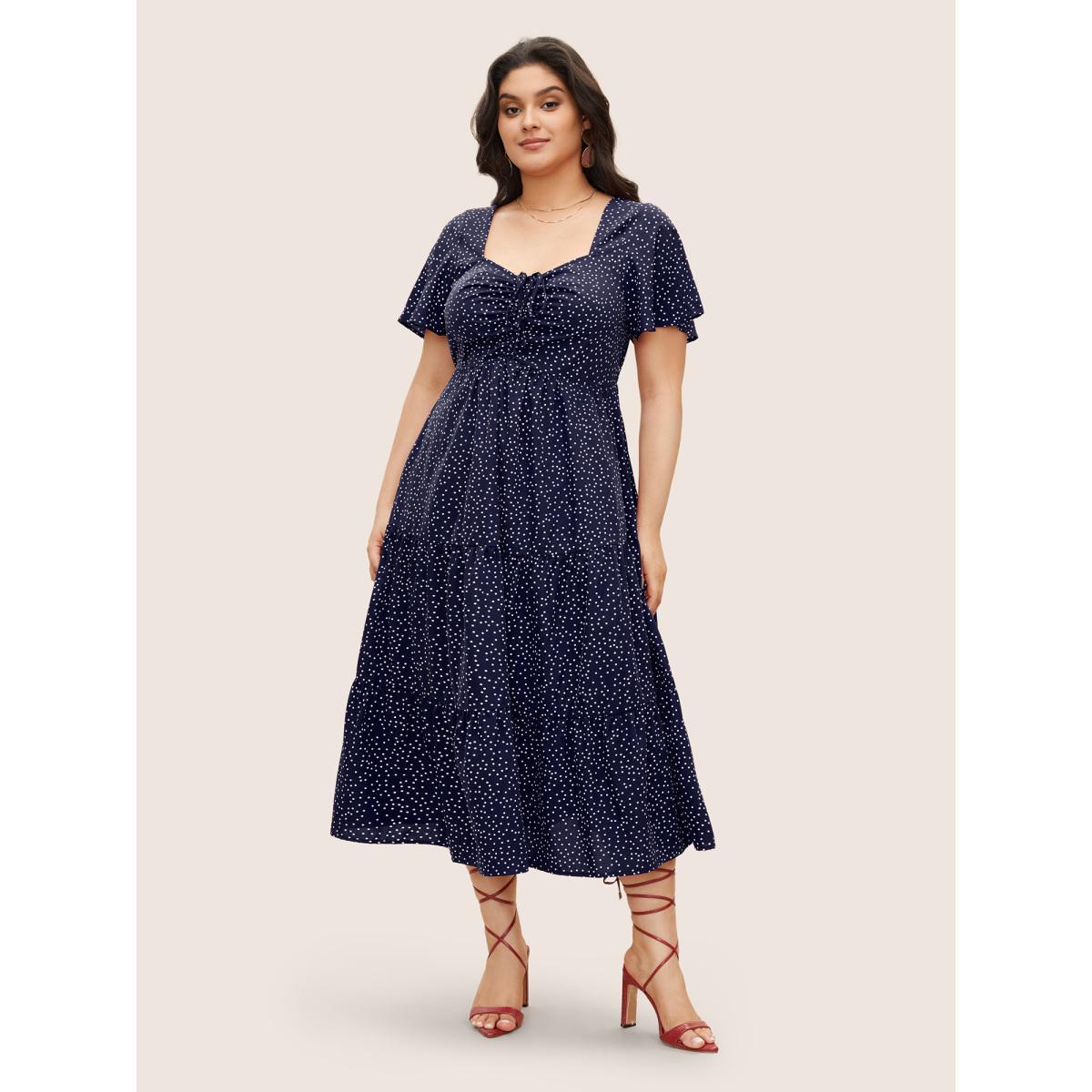 Plus Size Polka Dot Drawstring Ruffle Tiered Ruched Pocket Midi Dress DarkBlue Women Elegant Non Heart neckline Short sleeve Curvy Midi Dress BloomChic 26/4X Product Image
