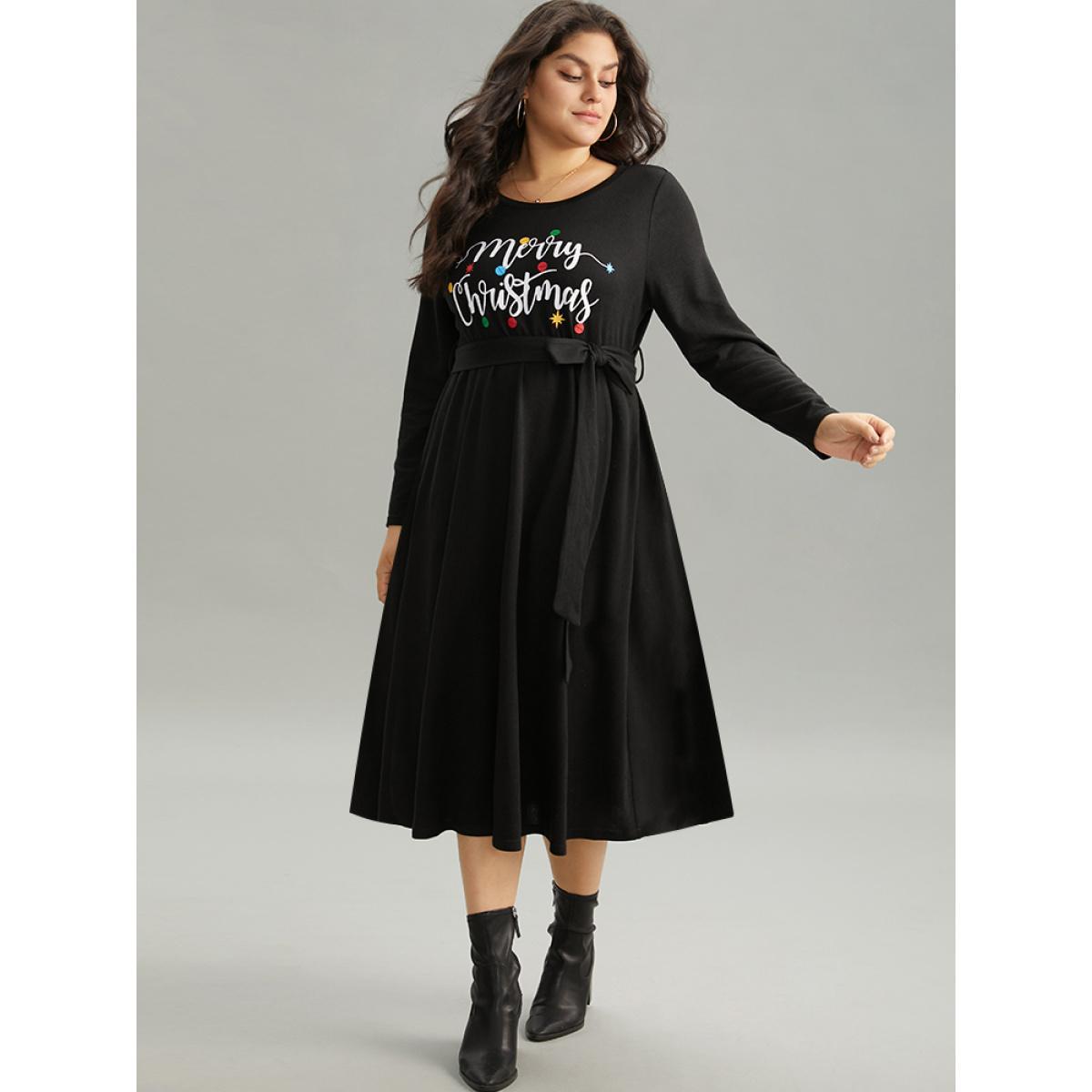Plus Size Christmas Letter Print Elastic Waist Belted Dress Black Women Office Belted Curvy Midi Dress BloomChic 28/5X Product Image