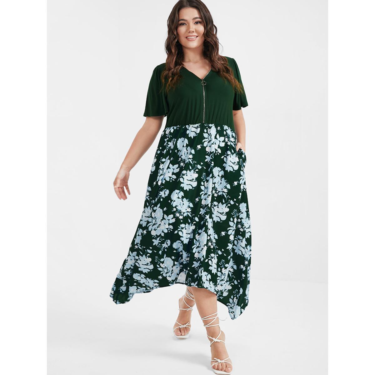 Plus Size Floral Patchwork Zipper Asymmetrical Hem Pocket Midi Dress DarkGreen Women Elegant Patchwork V-neck Short sleeve Curvy Midi Dress BloomChic 14-16/1X Product Image