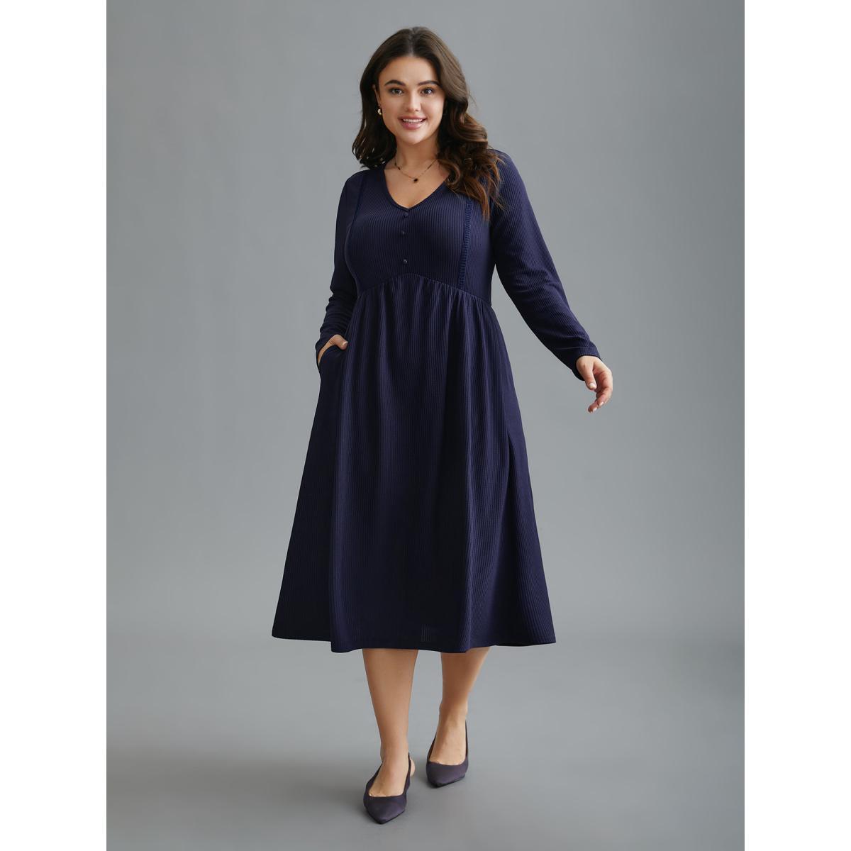 Plus Size Pit Strip Pocket Waist-Cinching Midi Dress DarkBlue Women Elegant Woven ribbon&lace trim V-neck Long Sleeve Curvy BloomChic 28/5X Product Image
