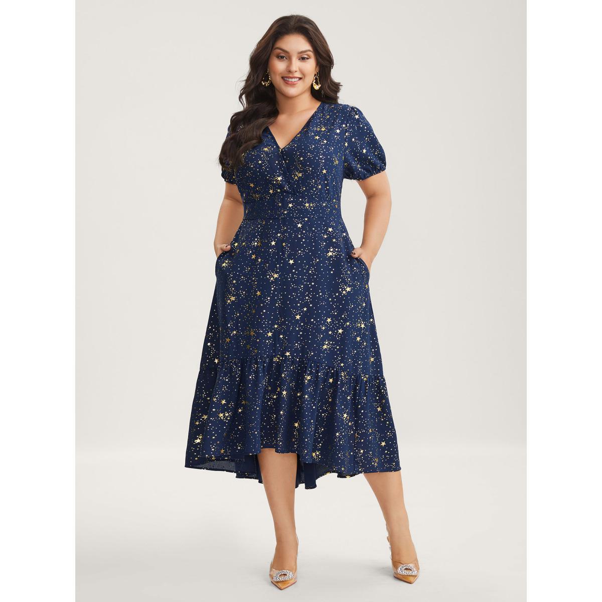 Plus Size Starry Sequins Ruffled Hem Midi Dress Navy Women V-neck Short sleeve Curvy BloomChic 14-16/1X Product Image