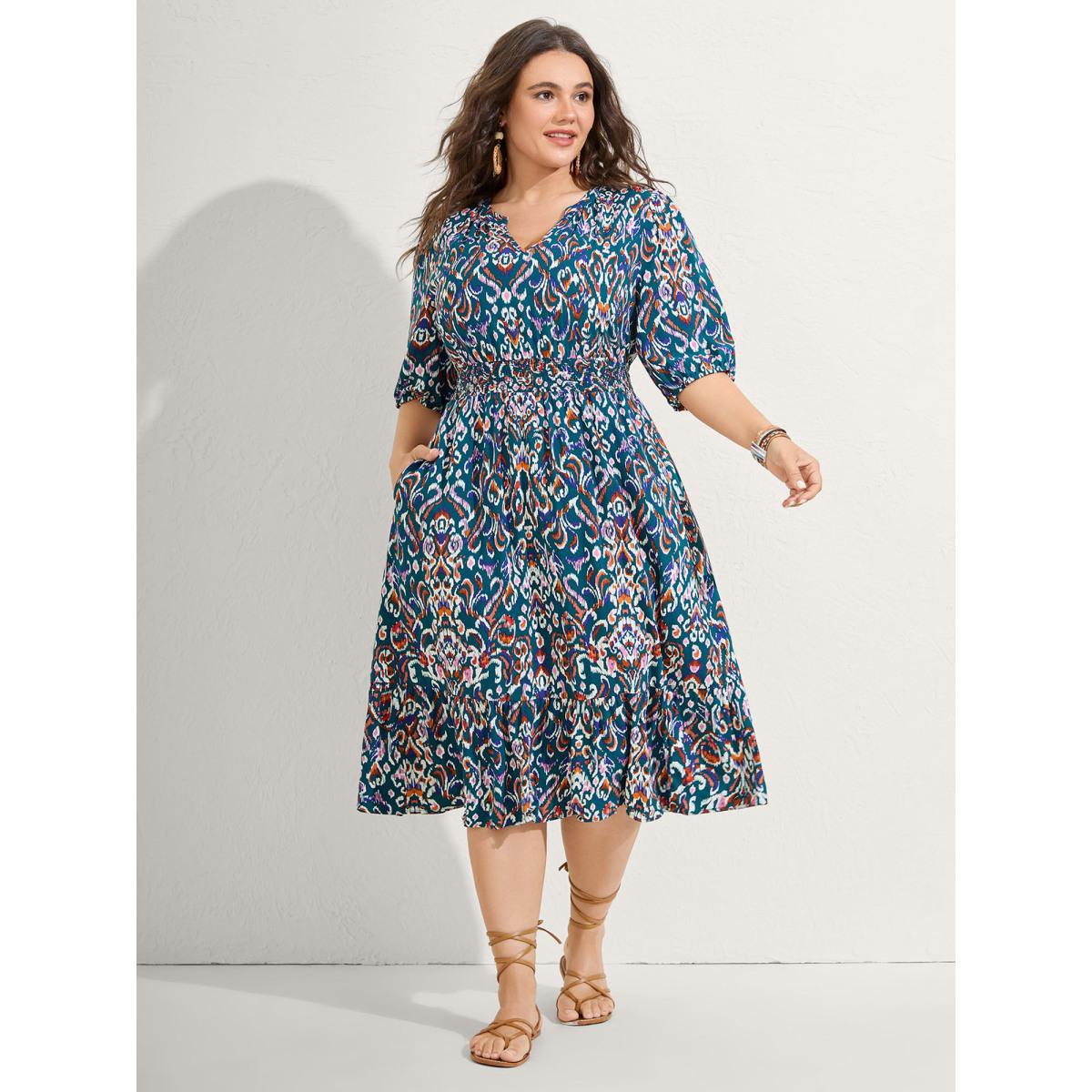 Plus Size Abstract Print Shirred Waist Midi Dress Aegean Women Flat collar with V-notch Half Sleeve Curvy BloomChic 18-20/2X Product Image