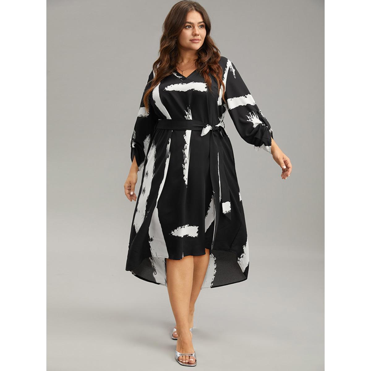 Plus Size Brush Print V Neck Belted Tab Sleeve Dress BlackFlower Women Office Belted V-neck Long Sleeve Curvy Knee Dress BloomChic 10/M Product Image