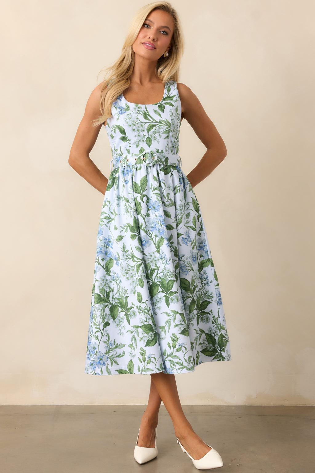 Ava Blue Lilacs Botanical Print Cotton Belted Midi Dress Product Image