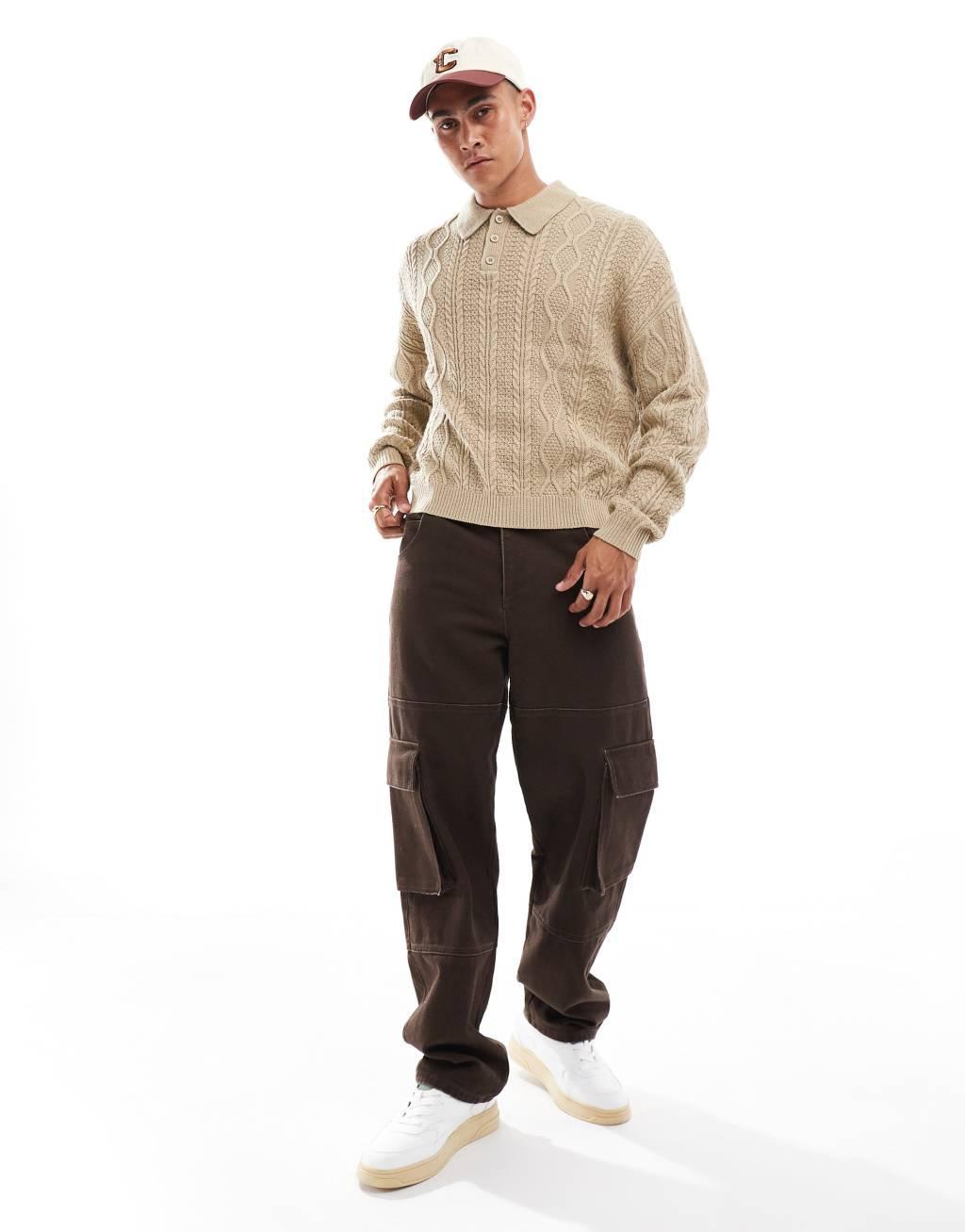 ASOS DESIGN relaxed cable knit polo sweater in stone Product Image