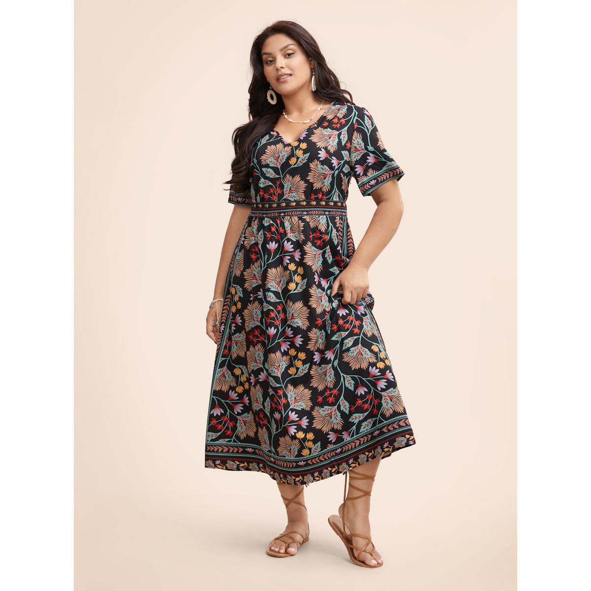 Plus Size Boho Print Shirred Pocket Midi Dress Black Women Resort Shirred V-neck Short sleeve Curvy BloomChic 18-20/2X Product Image