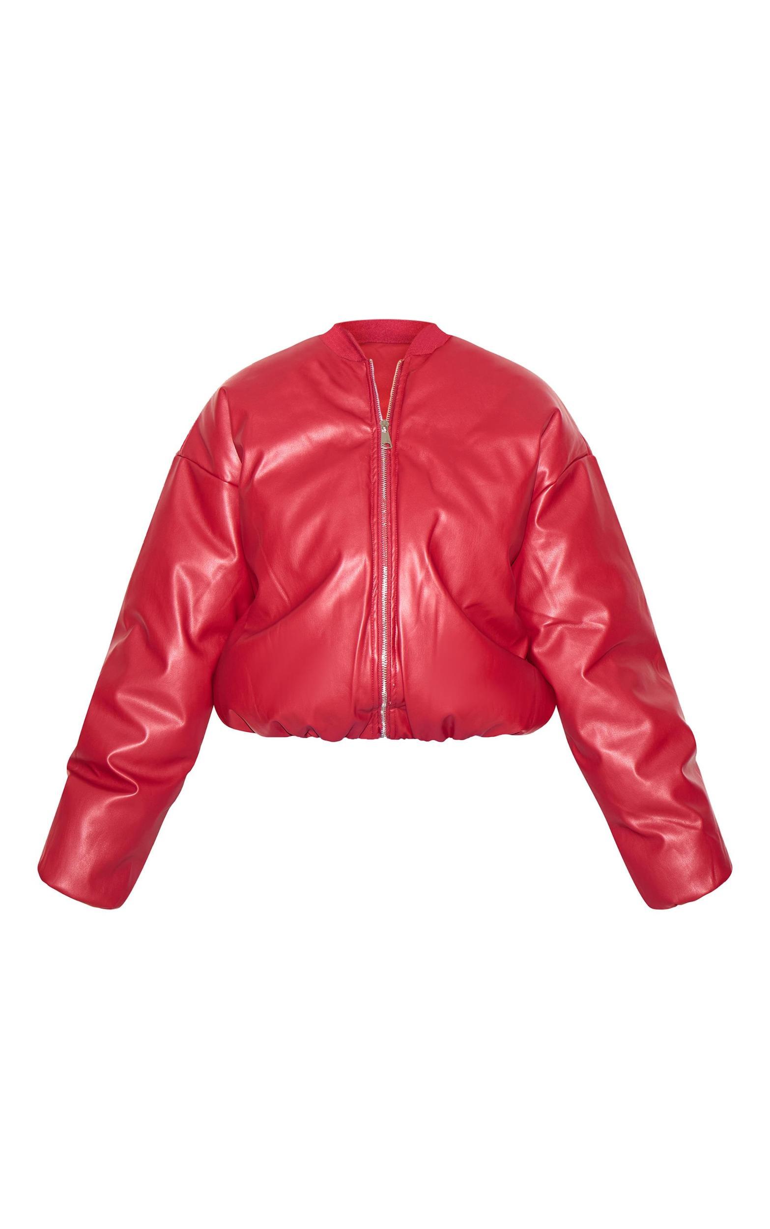 Cherry Red Faux Leather Oversized Bomber Jacket Product Image