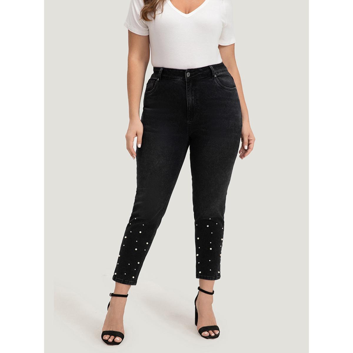 Plus Size Beaded Detail Pocket Very Stretchy Black Wash Jeans Women DimGray Casual Plain Beaded High stretch Pocket Jeans BloomChic 24/3X Product Image
