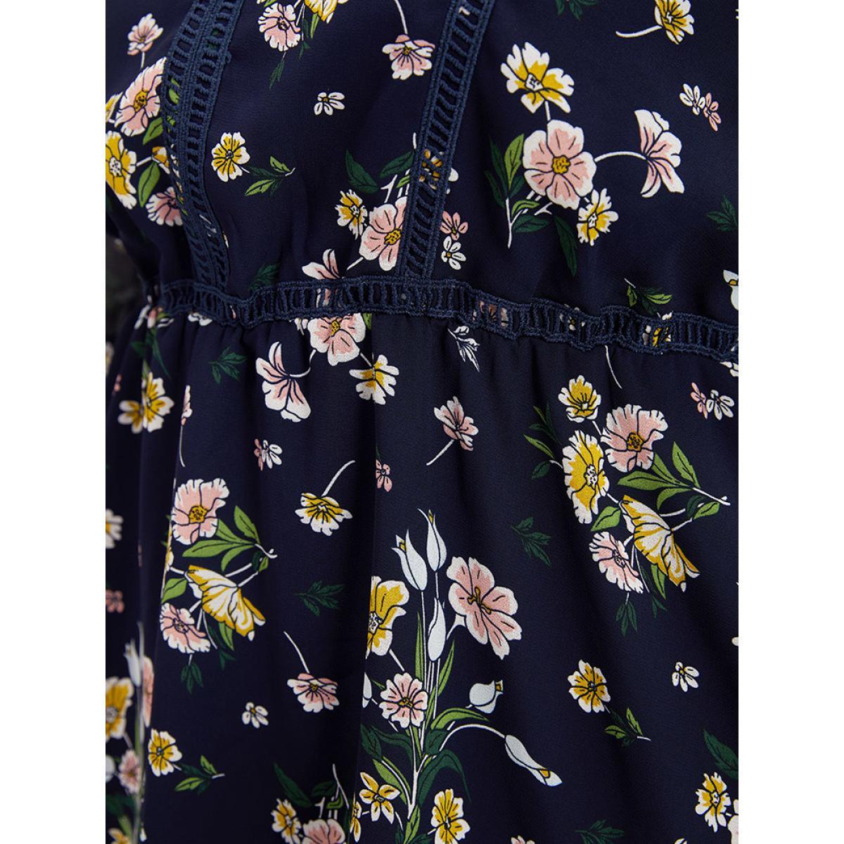 Plus Size Indigo Floral Print V Neck Guipure Lace Mesh Lantern Sleeve Blouse Women Elegant Elbow-length sleeve V-neck Dailywear Blouses BloomChic 10/M Product Image