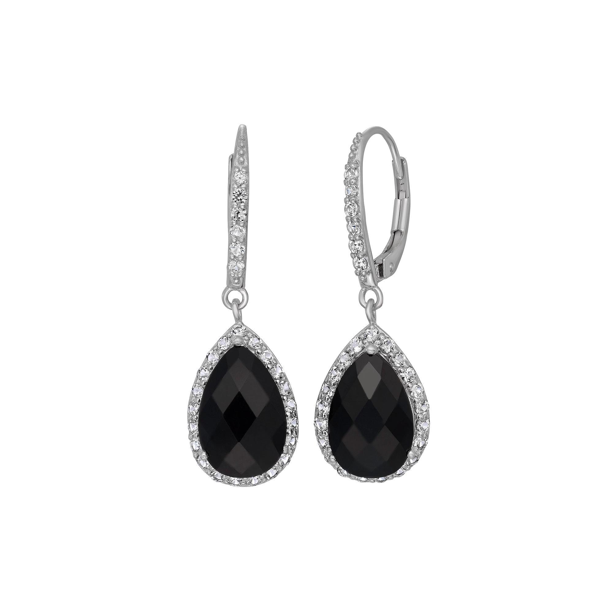 Onyx and Lab-Created White Sapphire Sterling Silver Halo Teardrop Earrings, Women's, Multi Product Image