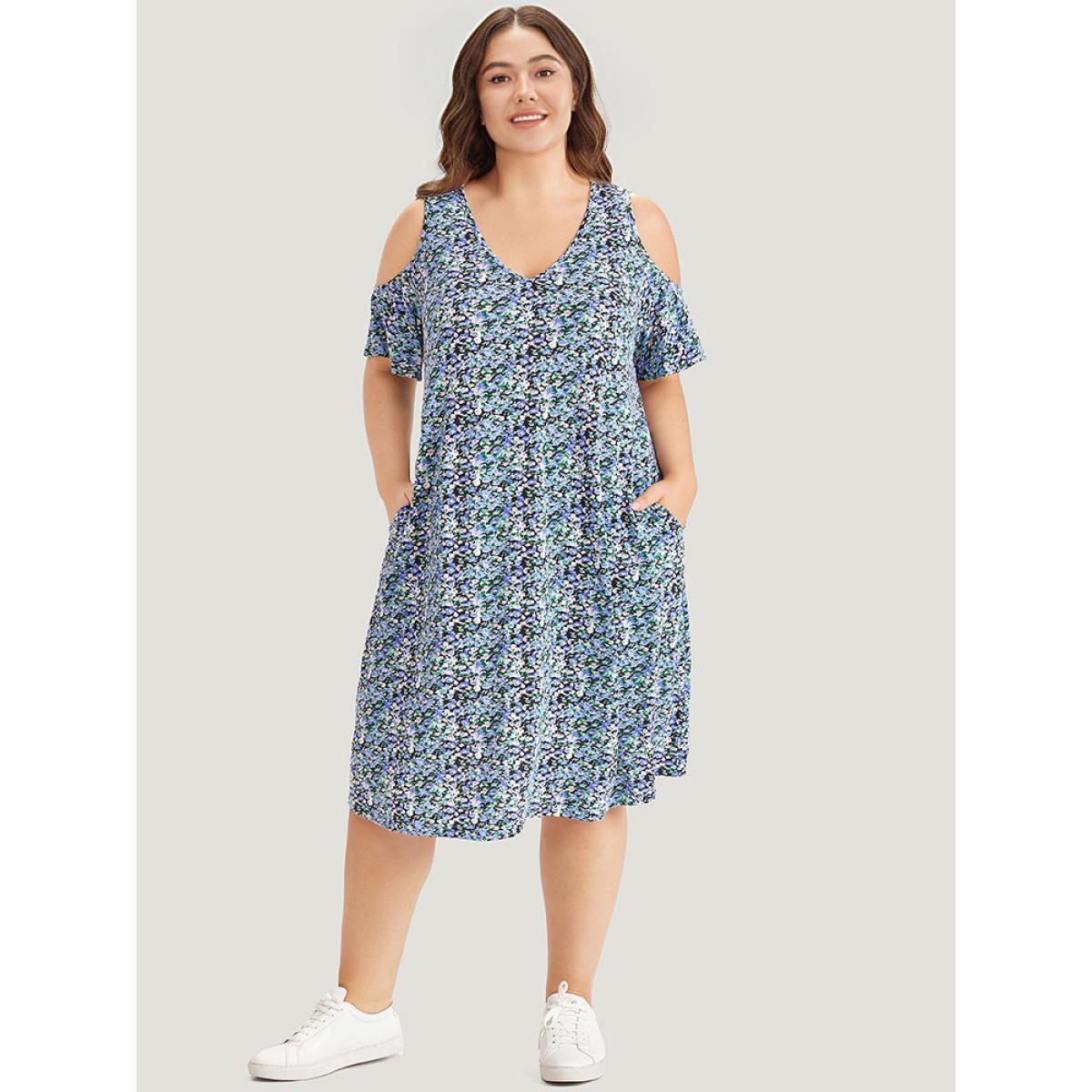 Plus Size Ditsy Floral Pocket Cold Shoulder Dress Blue Women Casual Cut-Out V-neck Short sleeve Curvy Midi Dress BloomChic 22-24/3X Product Image