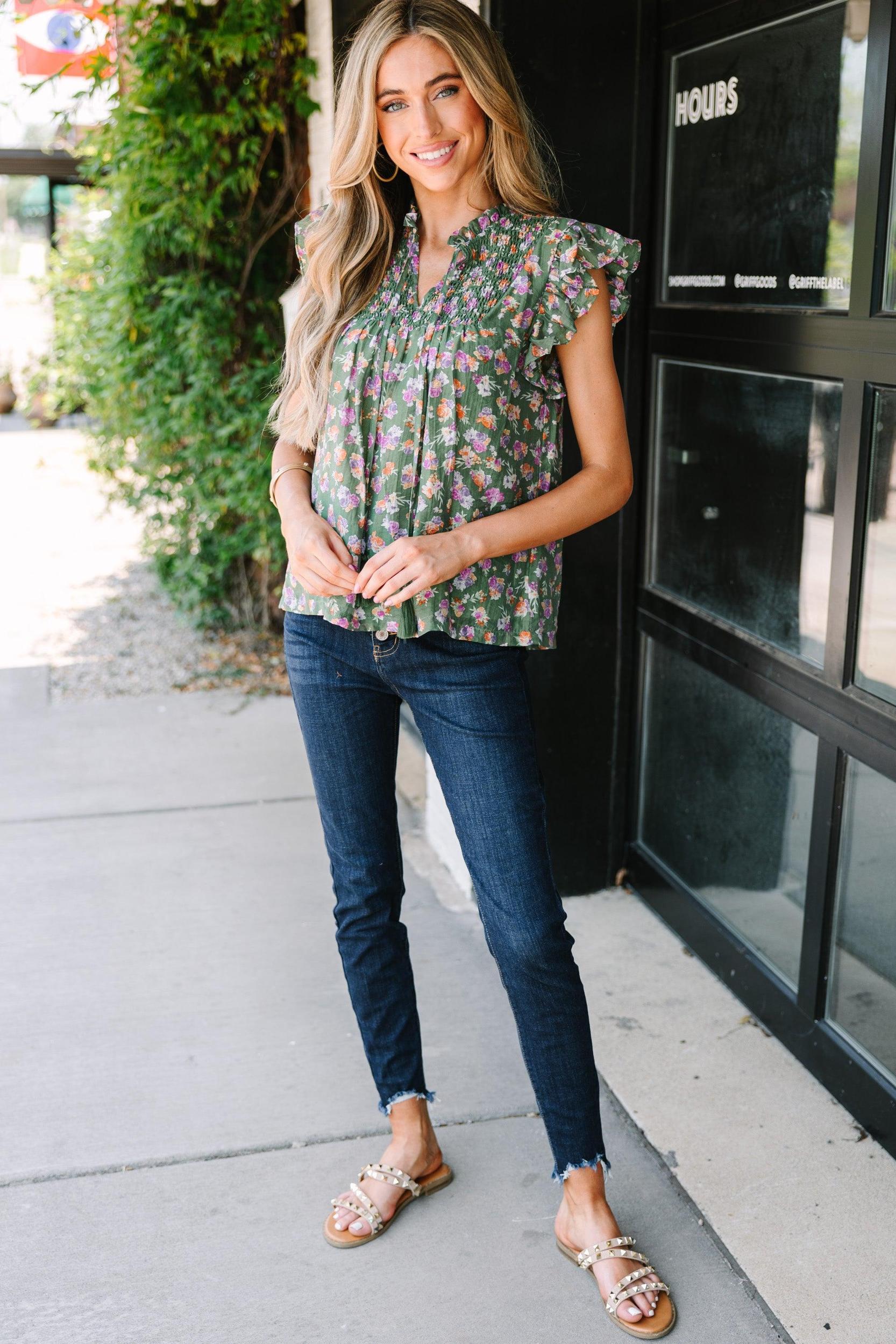 Fate: Pick And Choose Olive Green Floral Blouse Female Product Image