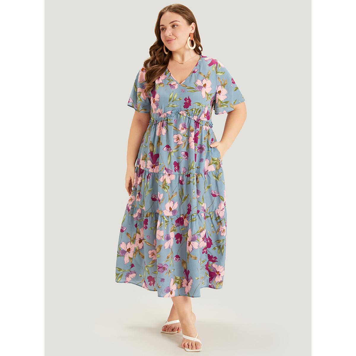 Plus Size Floral Print Pocket Frill Trim Ruffle Layered Hem Dress Blue Women Elegant Gathered V-neck Short sleeve Curvy Midi Dress BloomChic 30/6X Product Image