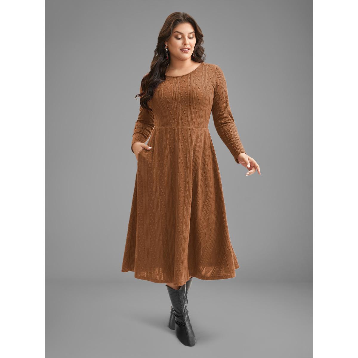 Plus Size Textured Knit Fit-And-Flare Midi Dress LightBrown Women Casual Texture Round Neck Long Sleeve Curvy BloomChic 22-24/3X Product Image
