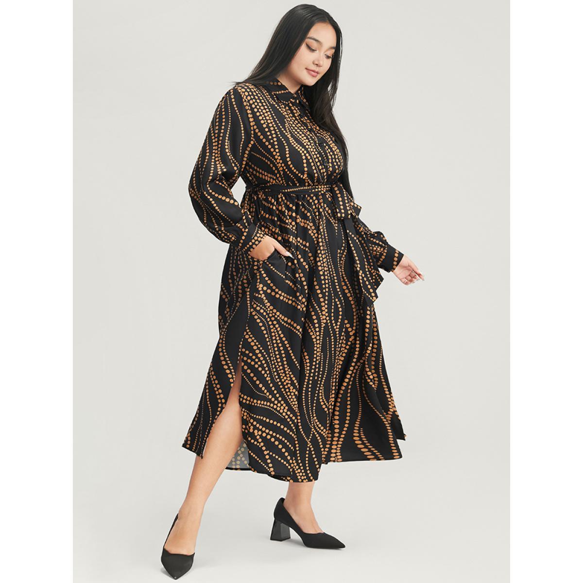 Plus Size Polka Dot Pocket Button Detail Belted Shirt Collar Dress Black Women Office Pocket Shirt collar Long Sleeve Curvy Midi Dress BloomChic 18-20/2X Product Image