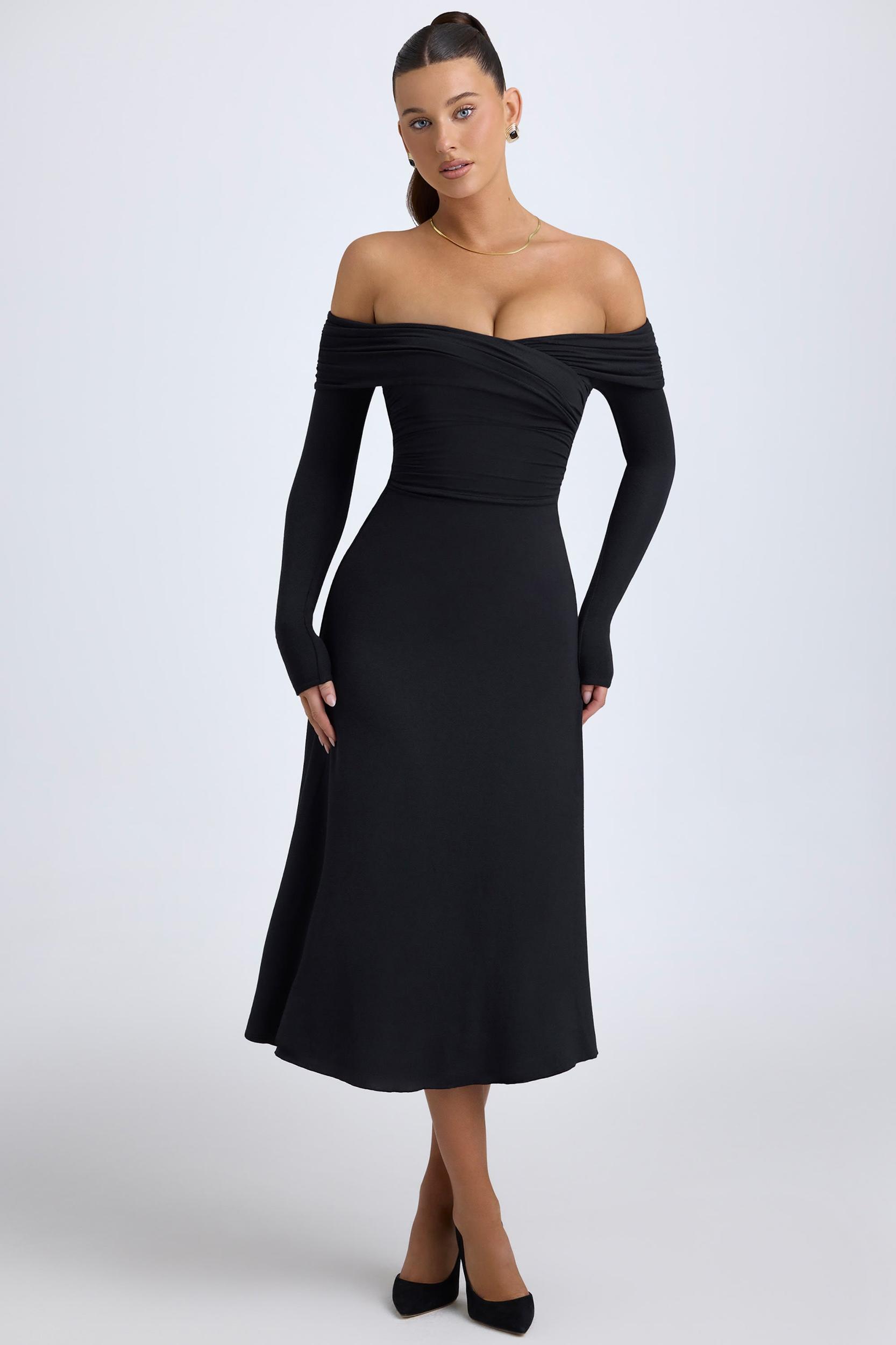 Modal Off-Shoulder Ruched Midaxi Dress in Black Product Image