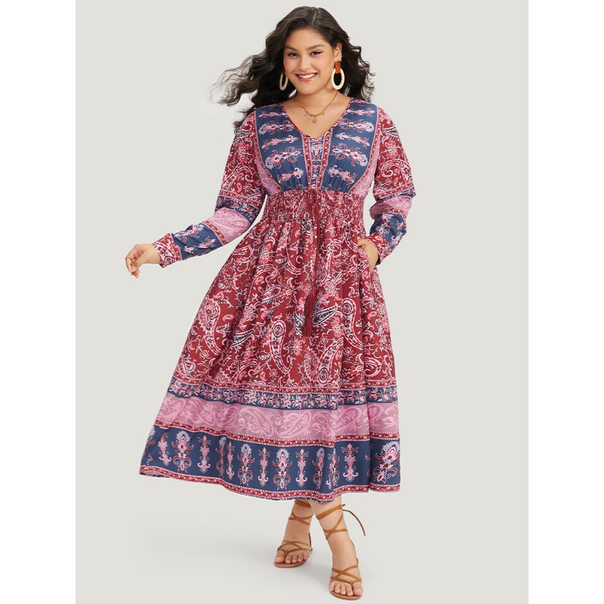 Plus Size Bandana Print Pocket Shirred Bowknot Dress Scarlet Women Vacation Cross straps V-neck Long Sleeve Curvy Midi Dress BloomChic 18-20/2X Product Image