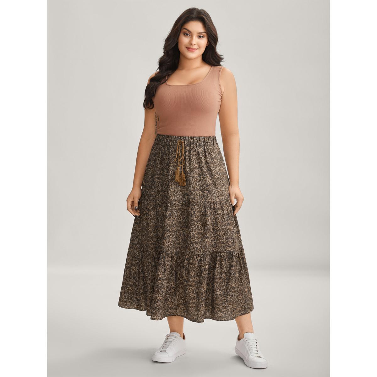Plus Size Leopard Print Tiered Midi Skirt Women DarkBrown Bodycon High stretch Side seam pocket Everyday-Casual Skirts BloomChic 12/L Product Image