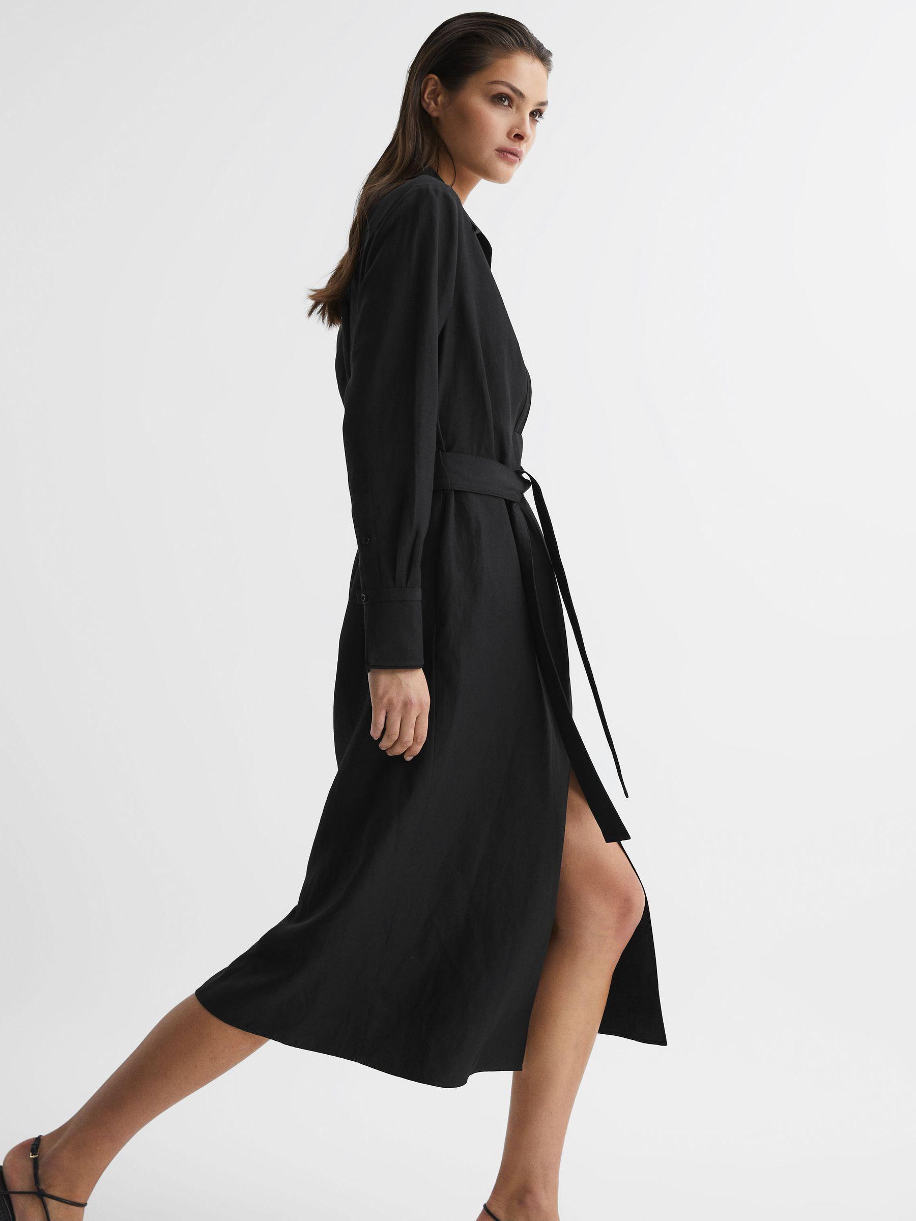 Premium Linen Blend Midi Dress in Black Product Image