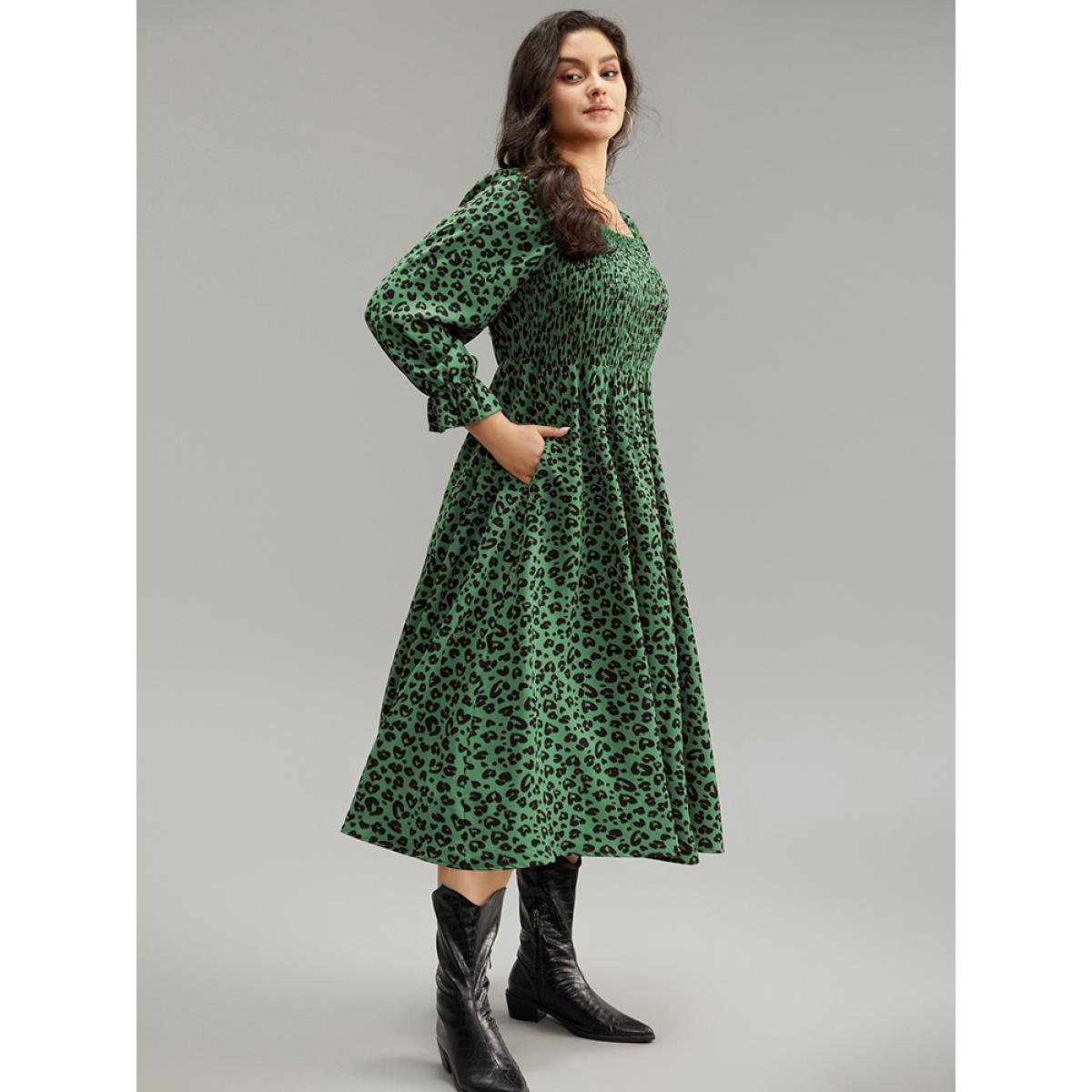 Plus Size Leopard Print Shirred Square Neck Pocket Dress DarkGreen Women Casual Printed Square Neck Long Sleeve Curvy Midi Dress BloomChic 22-24/3X Product Image