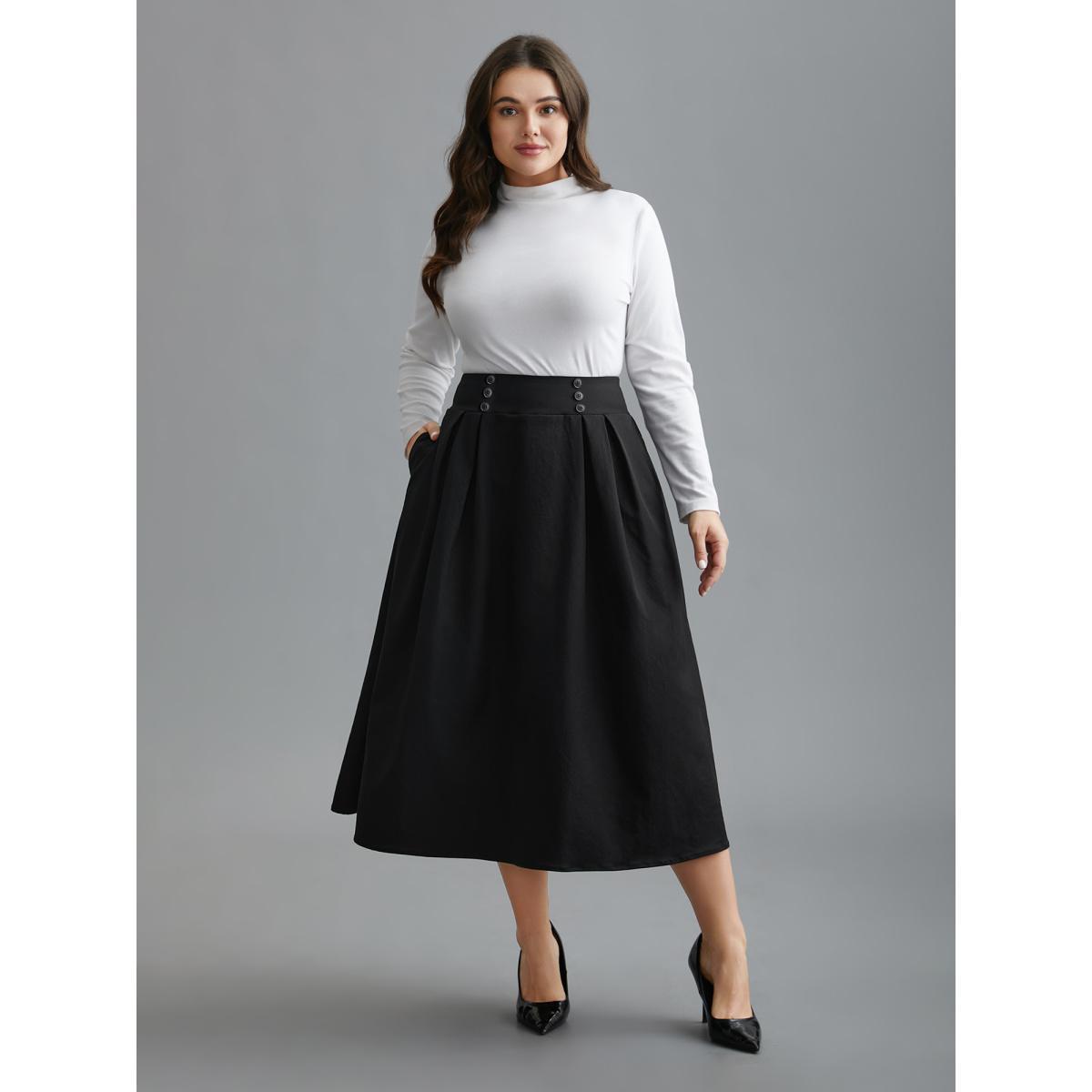 Plus Size Elastic Waist Fastener Pleated Skirt Women Black Elegant Button Low stretch Slanted pocket Everyday Skirts BloomChic 12/L Product Image