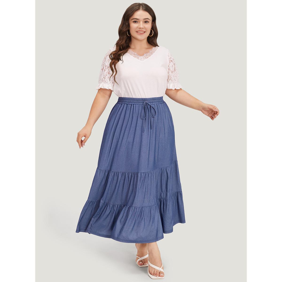 Plus Size Plain Ties Gathered Ruffle Layered Hem Skirt Women Indigo Elegant Plain No stretch Pocket Dailywear Skirts BloomChic 26/4X Product Image