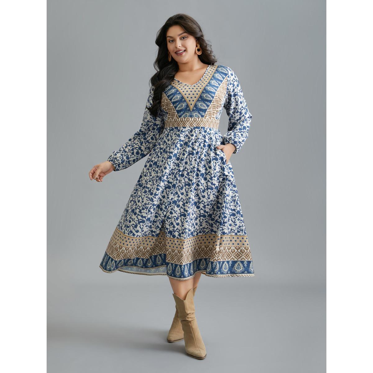 Plus Size Boho Print V-Neck Waist Cinched Midi Dress Mediumblue Women Resort Non V-neck Long Sleeve Curvy BloomChic 10/M Product Image