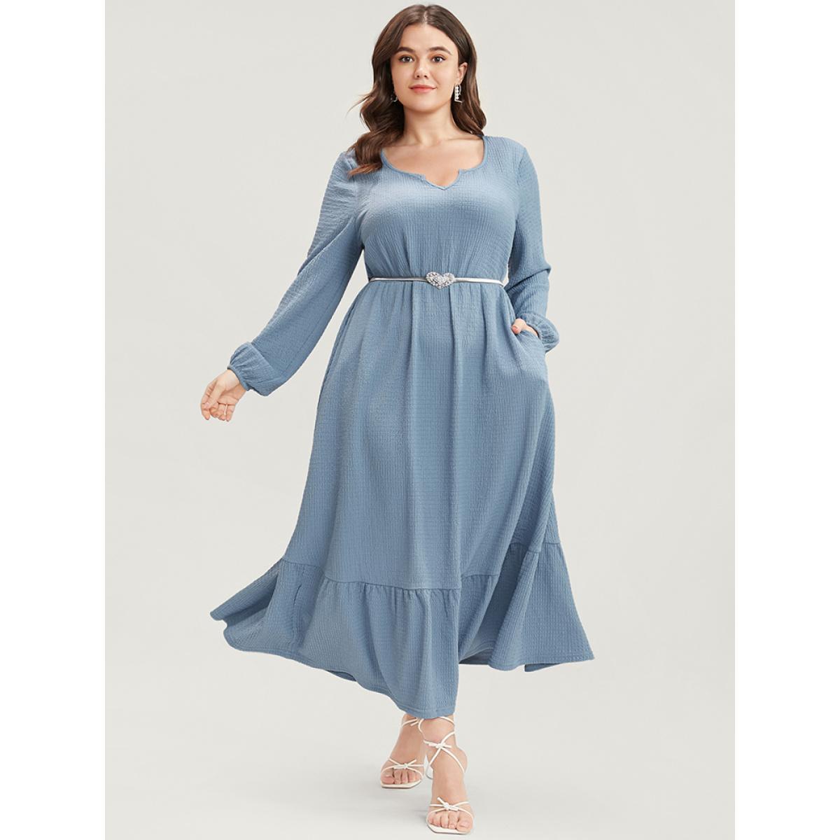Plus Size Solid Textured Notched Pocket Lantern Sleeve Ruffle Hem Dress LightBlue Women Elegant Pocket V-neck Elbow-length sleeve Curvy Midi Dress BloomChic 12/L Product Image