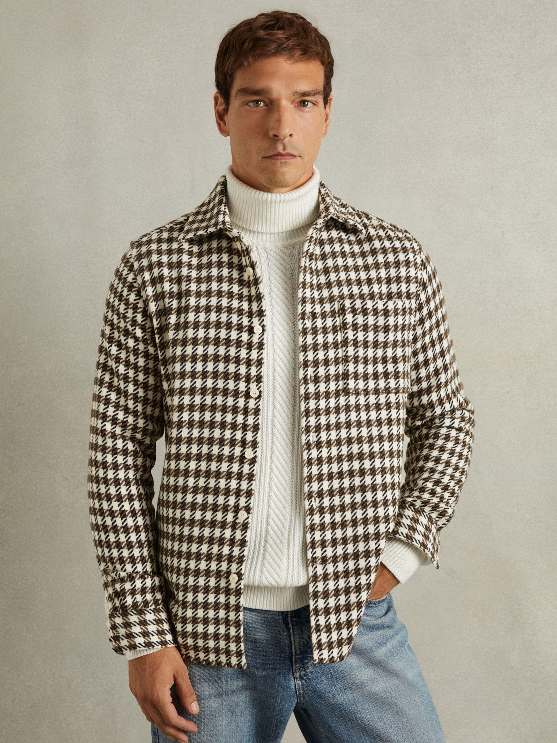 Dogtooth Overshirt with Wool in White/Brown Product Image