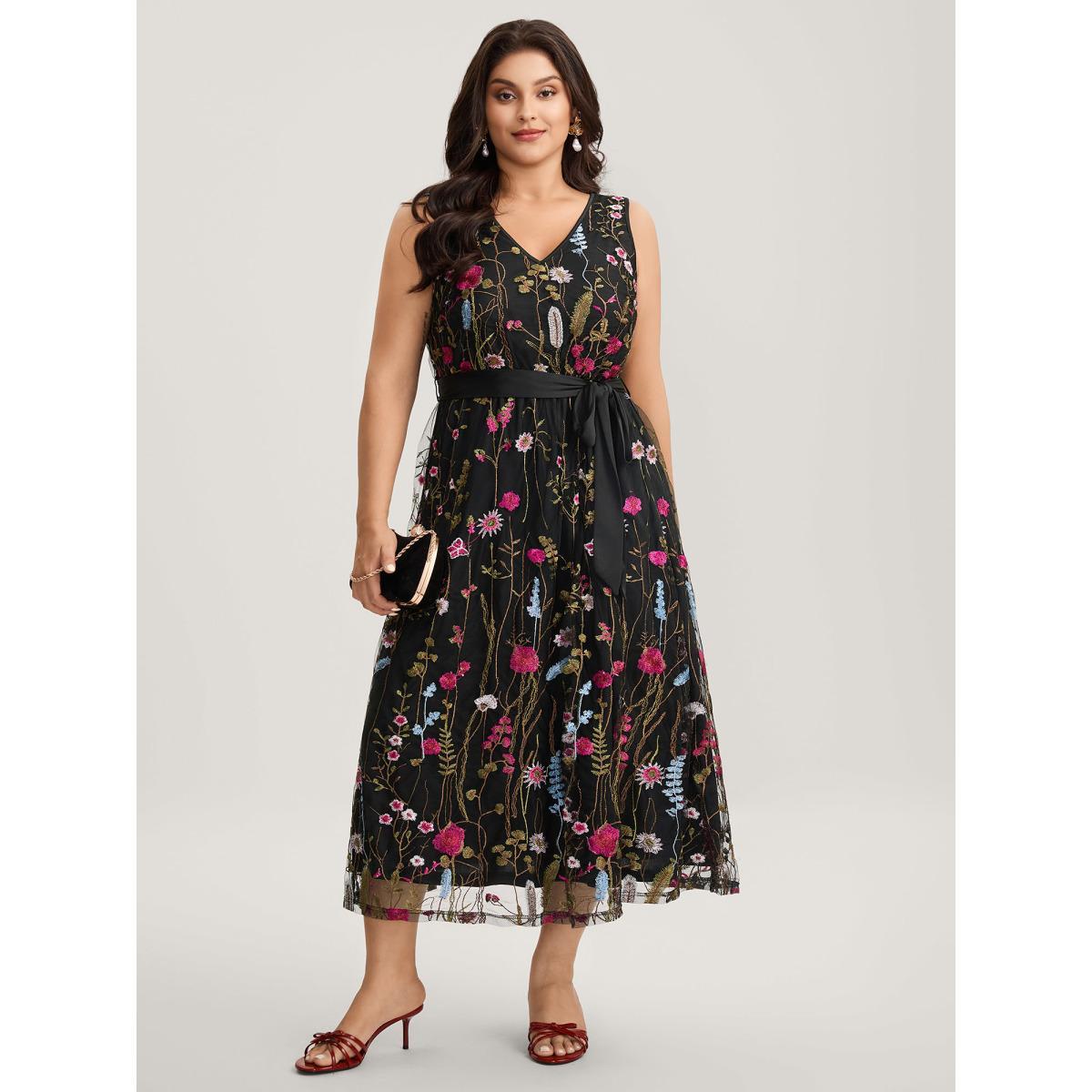 Plus Size Floral Embroidery Belted Midi Dress Black Women V-neck Sleeveless Curvy BloomChic 28/5X Product Image