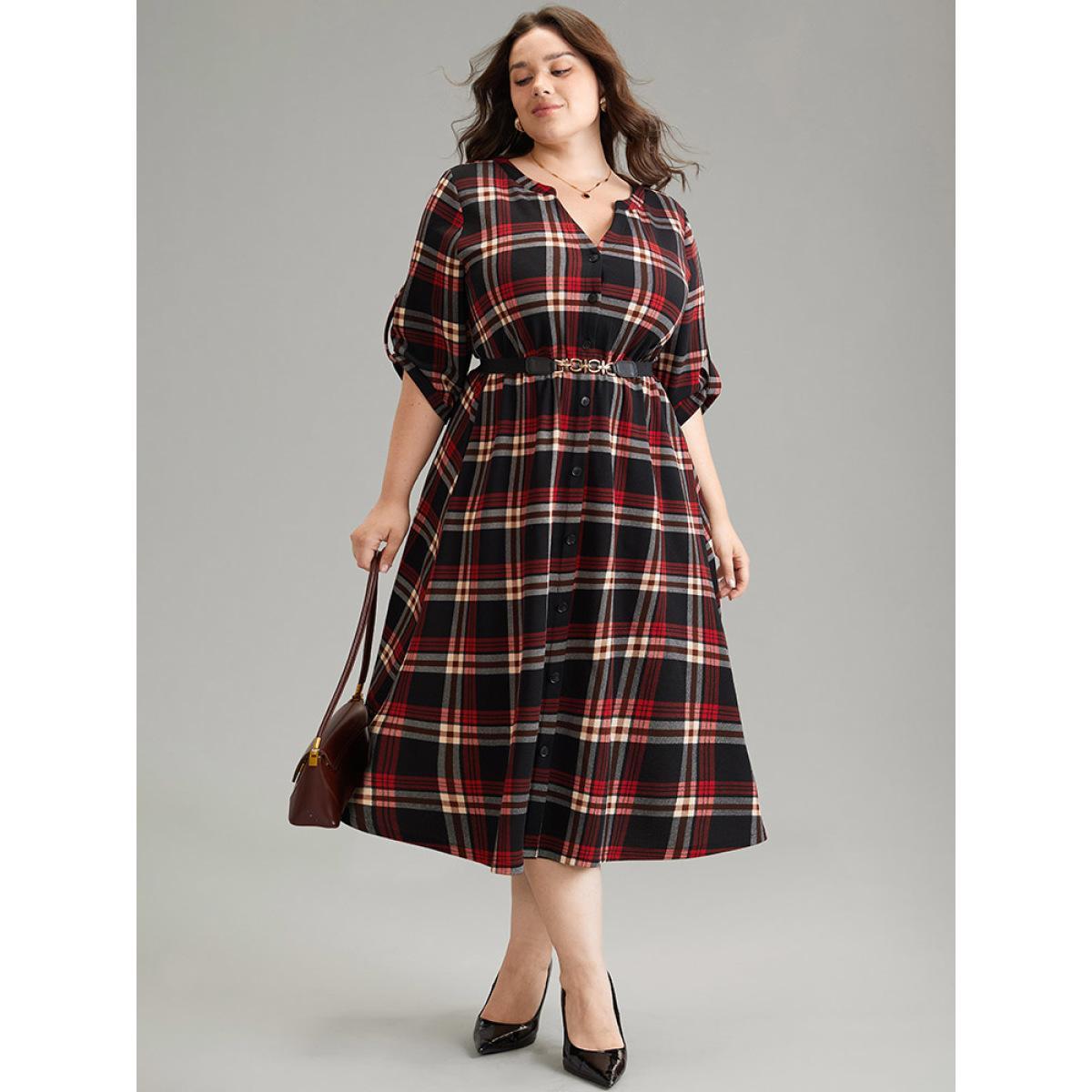 Plus Size Plaid Notched Elastic Waist Tab Sleeve Dress Raspberry Women Office Printed Notched collar Elbow-length sleeve Curvy Midi Dress BloomChic 30/6X Product Image