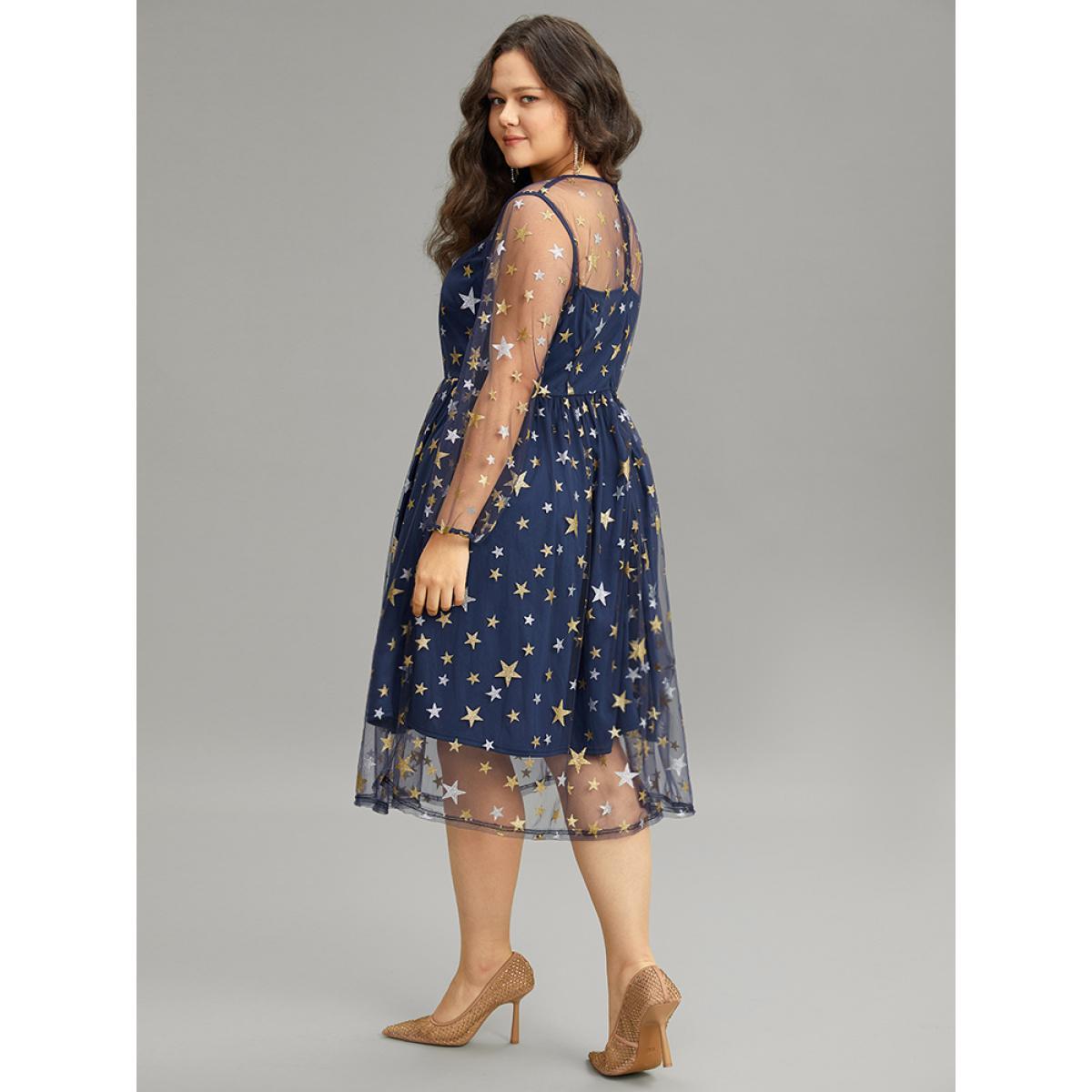 Plus Size Glitter Star Mesh Crew Neck Dress DarkBlue Women Cocktail Elastic cuffs Round Neck Long Sleeve Curvy Midi Dress BloomChic 14-16/1X Product Image