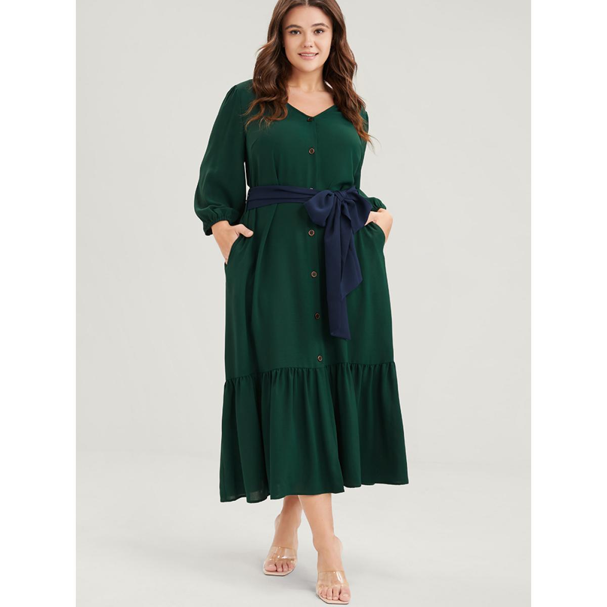 Plus Size Solid Lantern Sleeve Pocket Button Flutter Hem Contrast Belted Dress Green Women Casual Belted V-neck Elbow-length sleeve Curvy Long Dress BloomChic 30/6X Product Image