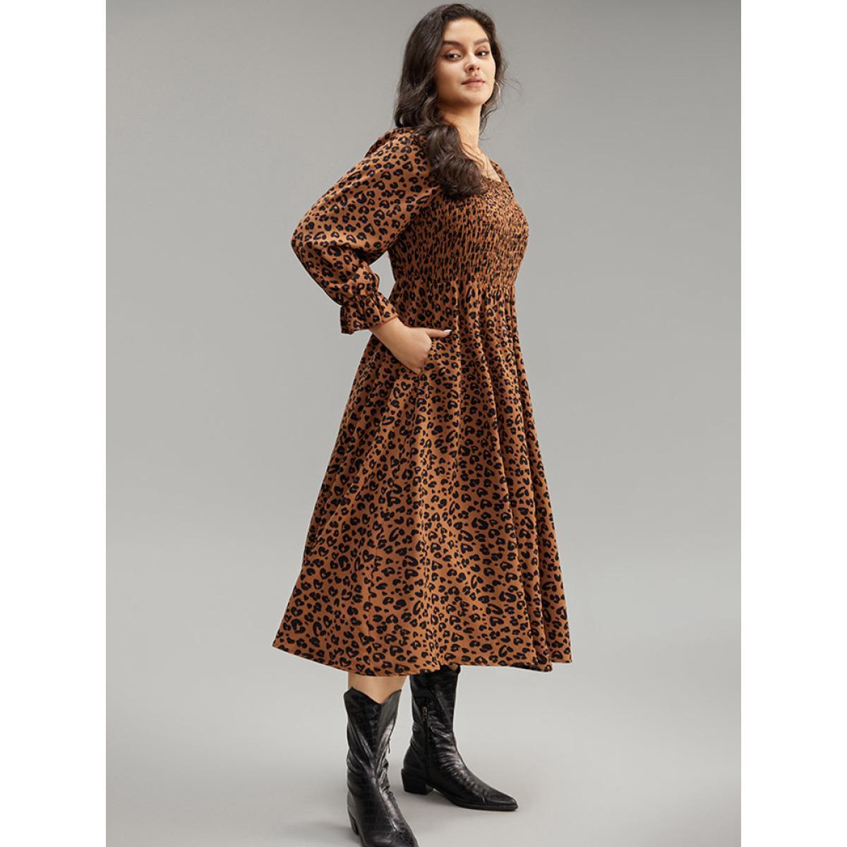 Plus Size Leopard Print Shirred Square Neck Pocket Dress Rust Women Casual Printed Square Neck Long Sleeve Curvy Midi Dress BloomChic 26/4X Product Image