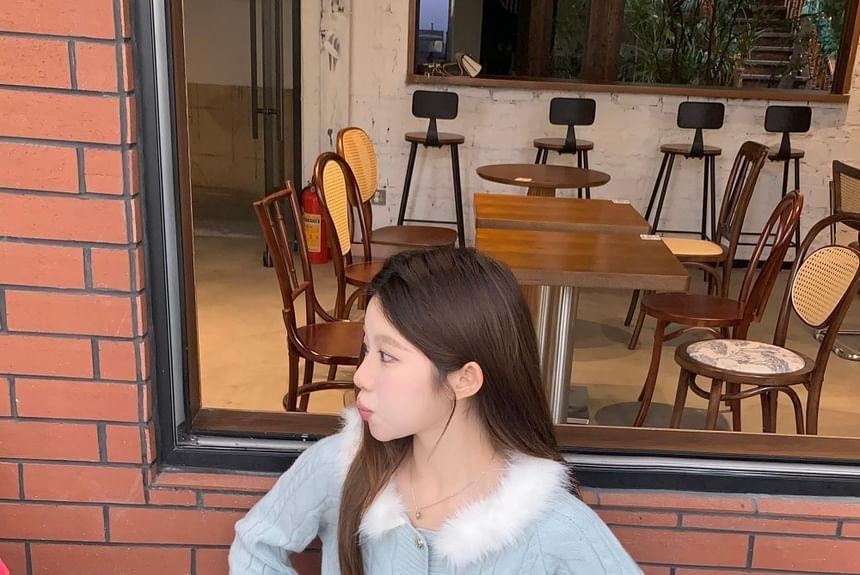 Fluffy Trim Cable Knit Cardigan Product Image