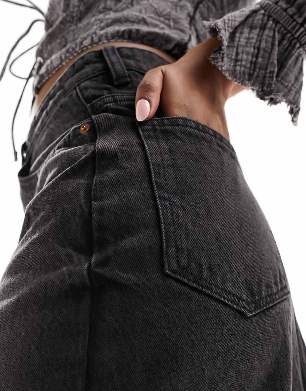 Monki denim midi skirt with split in clean black wash Product Image