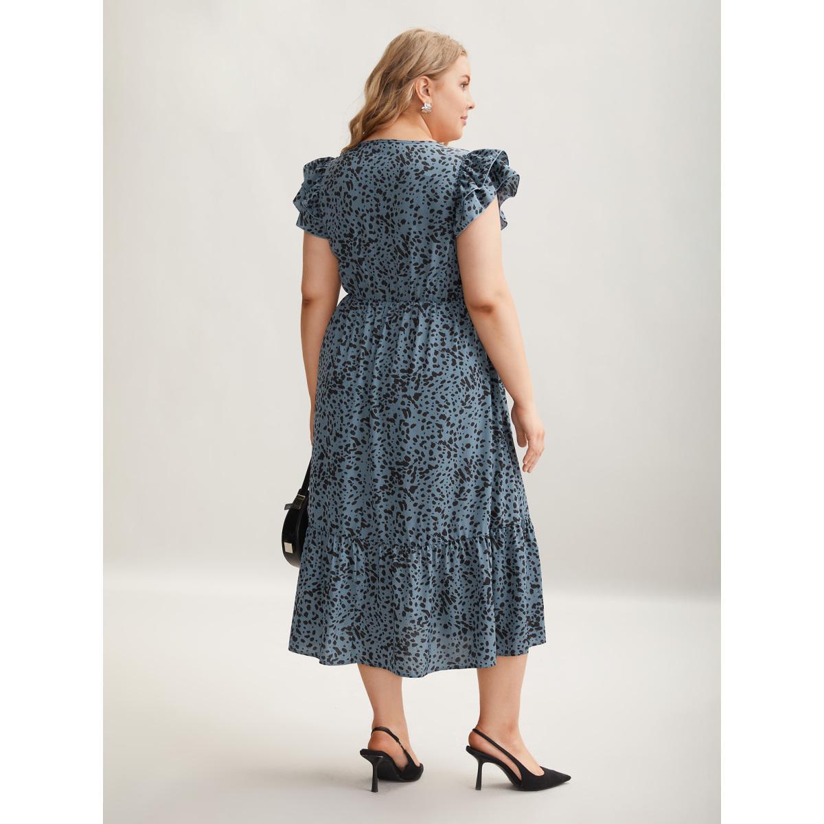 Plus Size Leopard Print Flutter Sleeve Tiered Midi Dress Stone Women At the Office Ruffles Flat collar with V-notch Cap Sleeve Curvy BloomChic 18-20/2X Product Image
