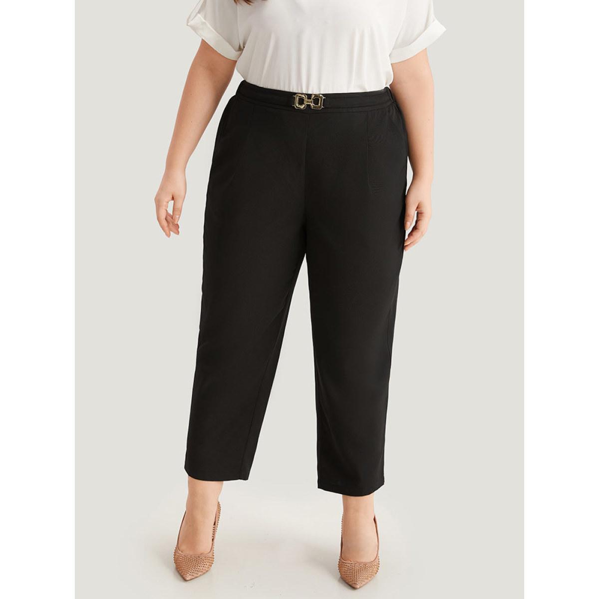 Plus Size Solid Metal Detail High Rise Straight Leg Pants Women Black Office Bodycon High Rise Work Pants BloomChic 18-20/2X Product Image