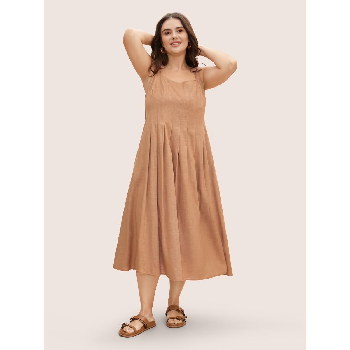 Plus Size Linen Blend Solid Pleated Tie Knot Dress Yellowishbrown Women Casual Tie knot Square Neck Sleeveless Curvy BloomChic 18-20/2X Product Image