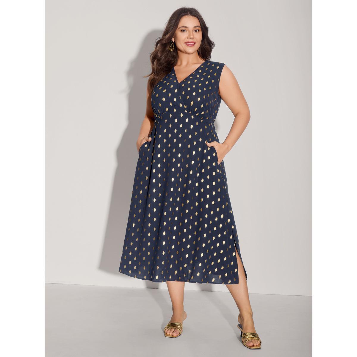 Plus Size Gold Polka Dots Waist-Defining Midi Dress Indigo Women Overlapping Overlap Collar Sleeveless Curvy BloomChic 18-20/2X Product Image