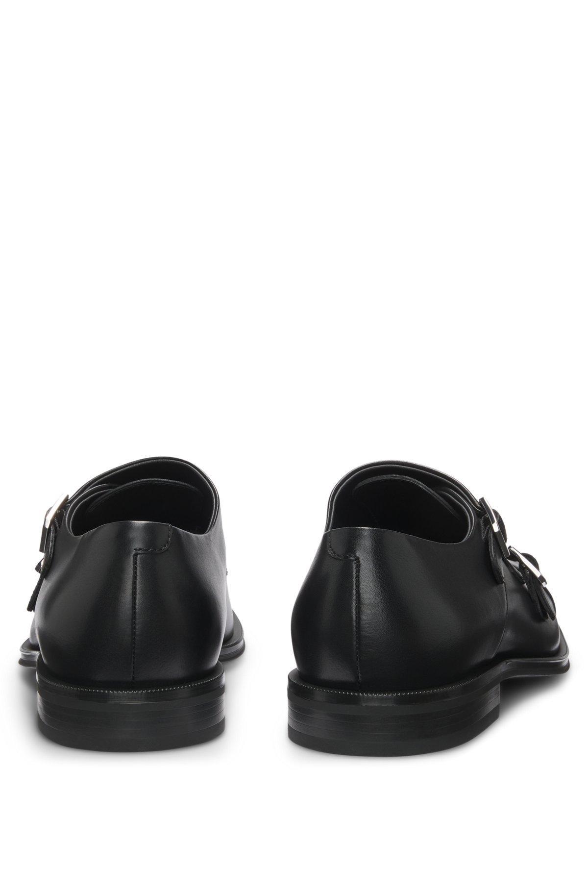 BOSS - Leather double-monk shoes with cap toe - Black Product Image
