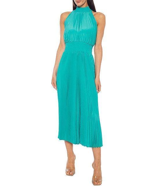 Marina Sleeveless Halter Mock Neck Smocked Pleated Crepe Chiffon A-Line Midi Dress Product Image