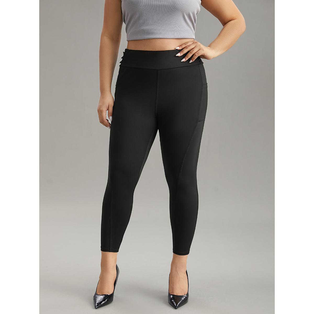 Plus Size Plain Ruched Side Pocket Wideband Waist Leggings Women Black Casual High stretch Skinny High Rise Dailywear Leggings BloomChic 26/4X Product Image