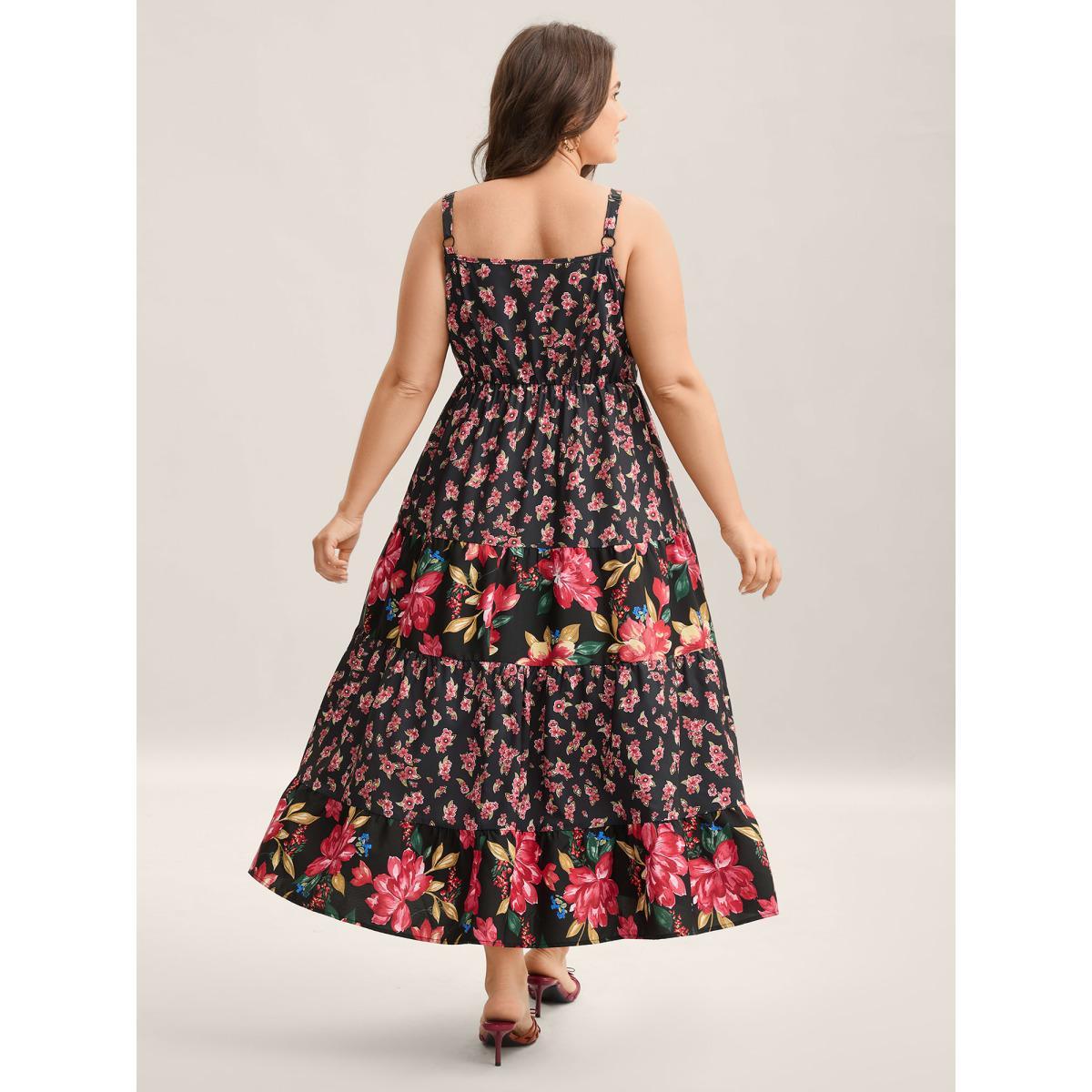 Plus Size Floral Print Spliced Cami Maxi Dress Black Women Square Neck Sleeveless Curvy BloomChic 22-24/3X Product Image