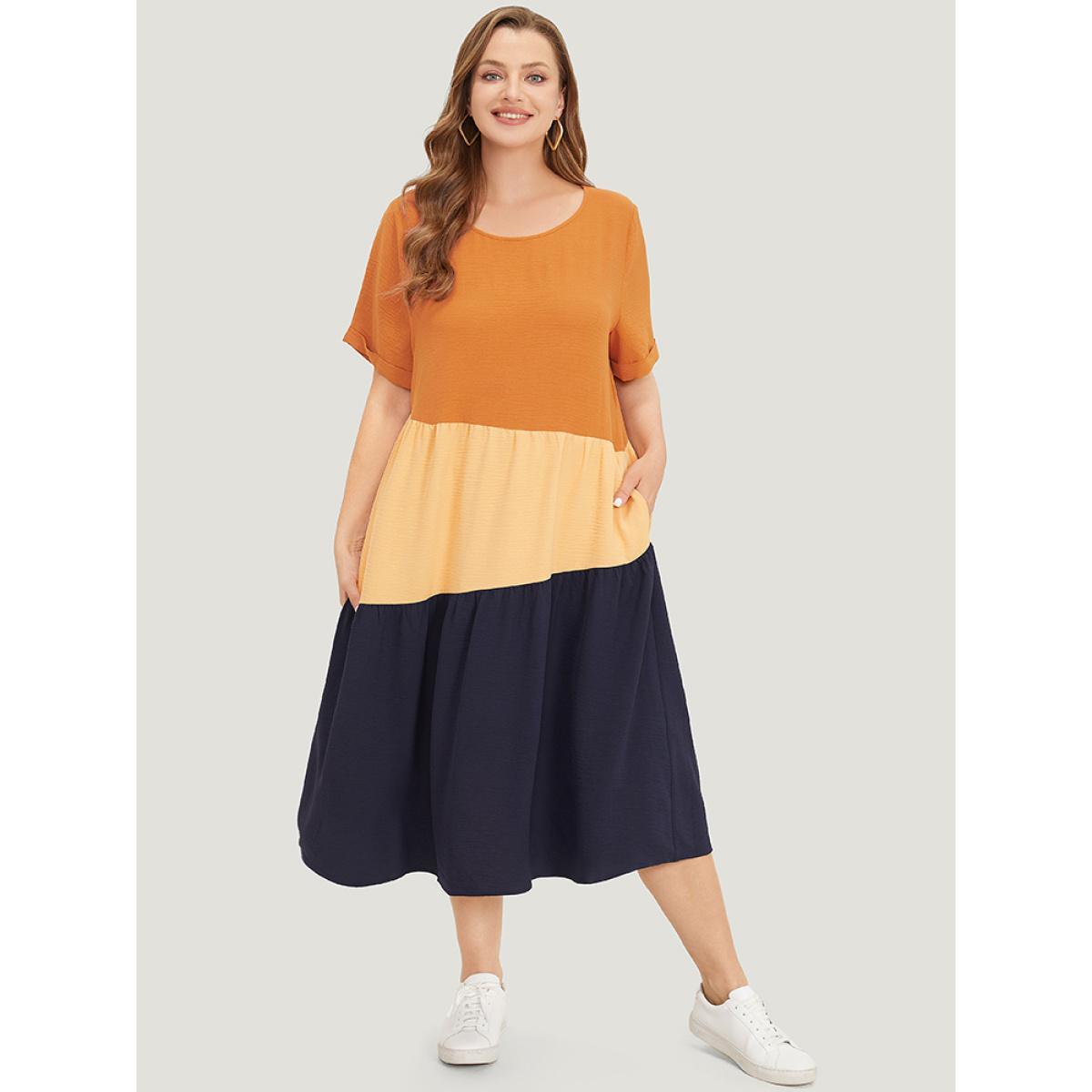 Plus Size Contrast Patchwork Pocket Cuffed Sleeve Dress Multicolor Women Casual Plain Round Neck Short sleeve Curvy Midi Dress BloomChic 22-24/3X Product Image